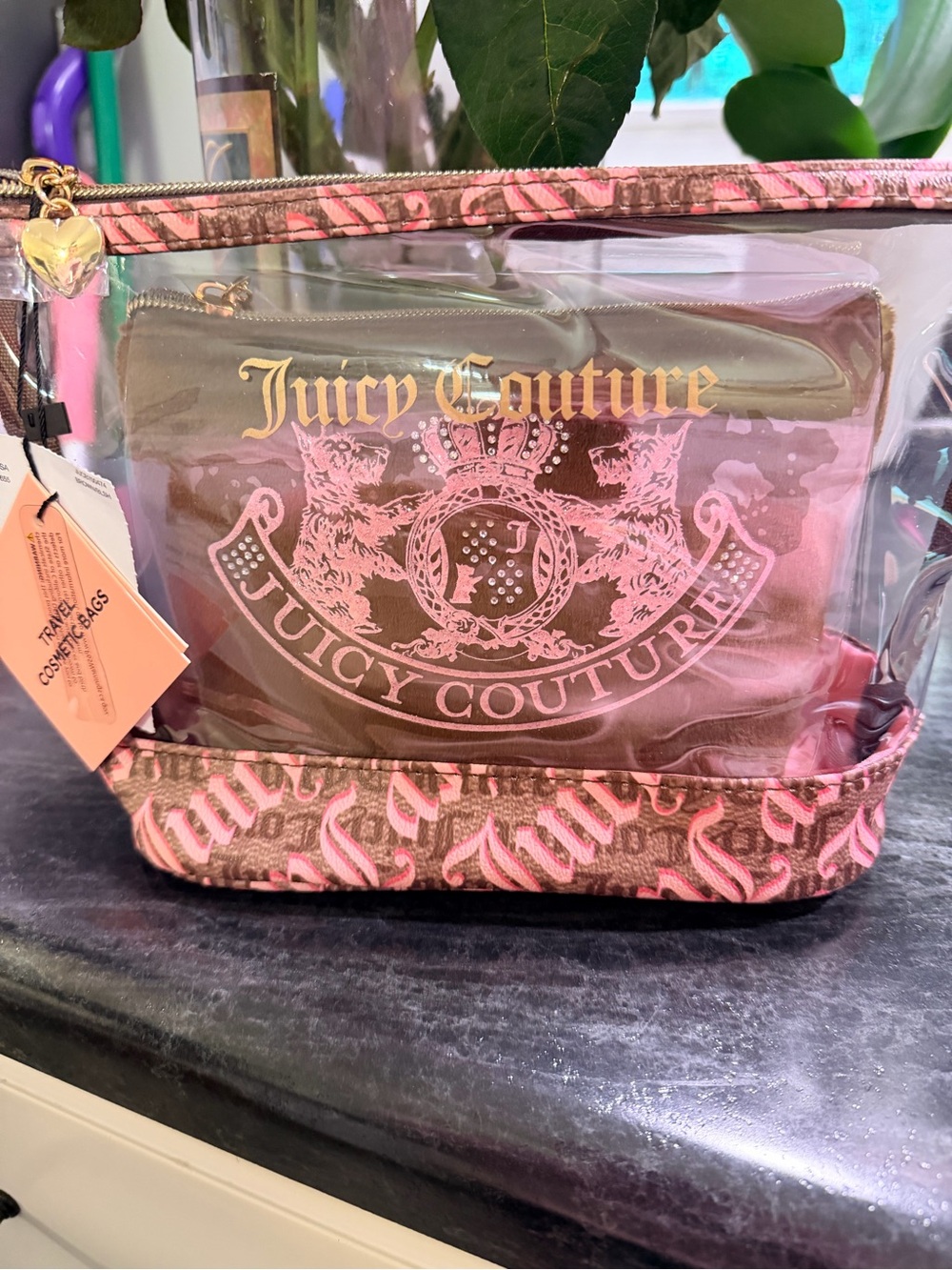 Juicy Couture Pink and Brown Clear Travel Cosmetic Pouch Set